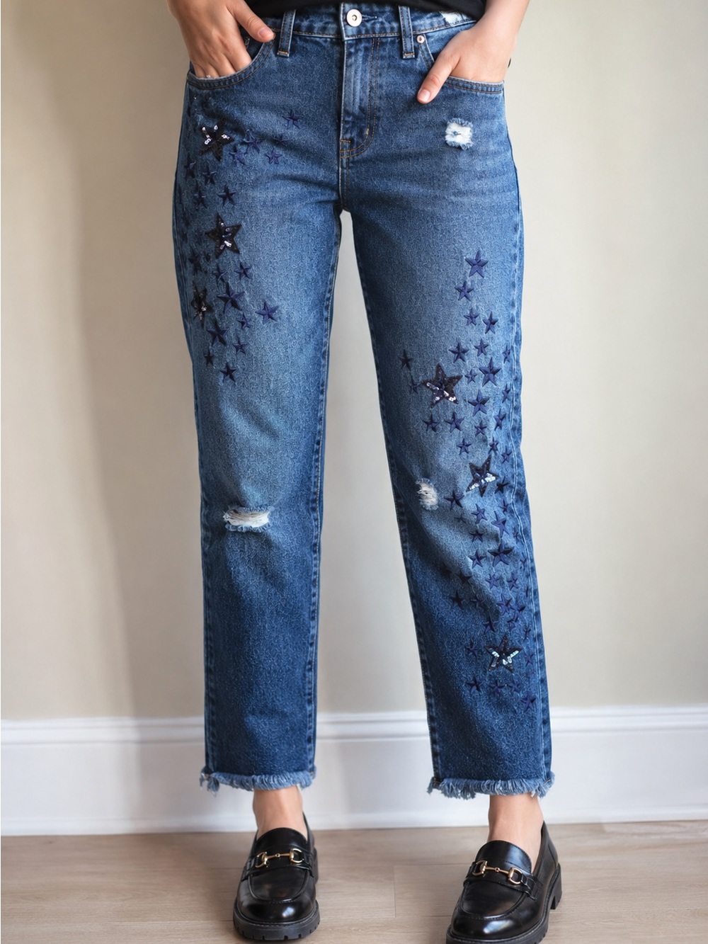 Pilcro & Letterpress Slim Boyfriend Jeans 28 Embroidered Sequin Stars Distressed